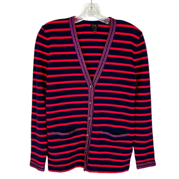 J Crew Womens Red Blue Stripe Cardigan Sweater Metallic Trim Button Up size XS - Picture 1 of 12
